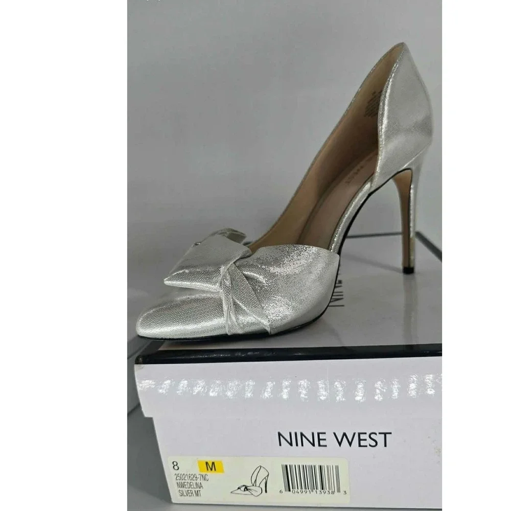 Nine West Edlina Silver Metallic Bow D'Orsay Pointed Toe Stiletto Pumps Heels 8M